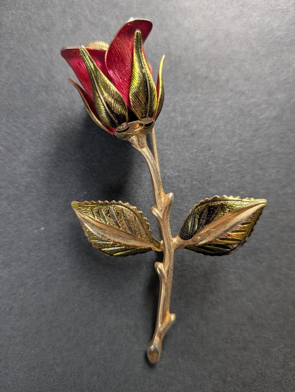 Vintage Gold Tone Red Rose Stem Brooch/Pin